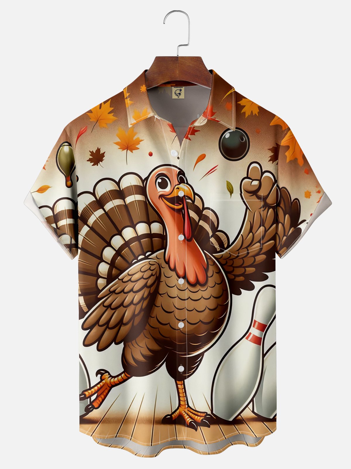 Moisture Wicking Thanksgiving Bowling Turkey Chest Pocket Hawaiian Shirt