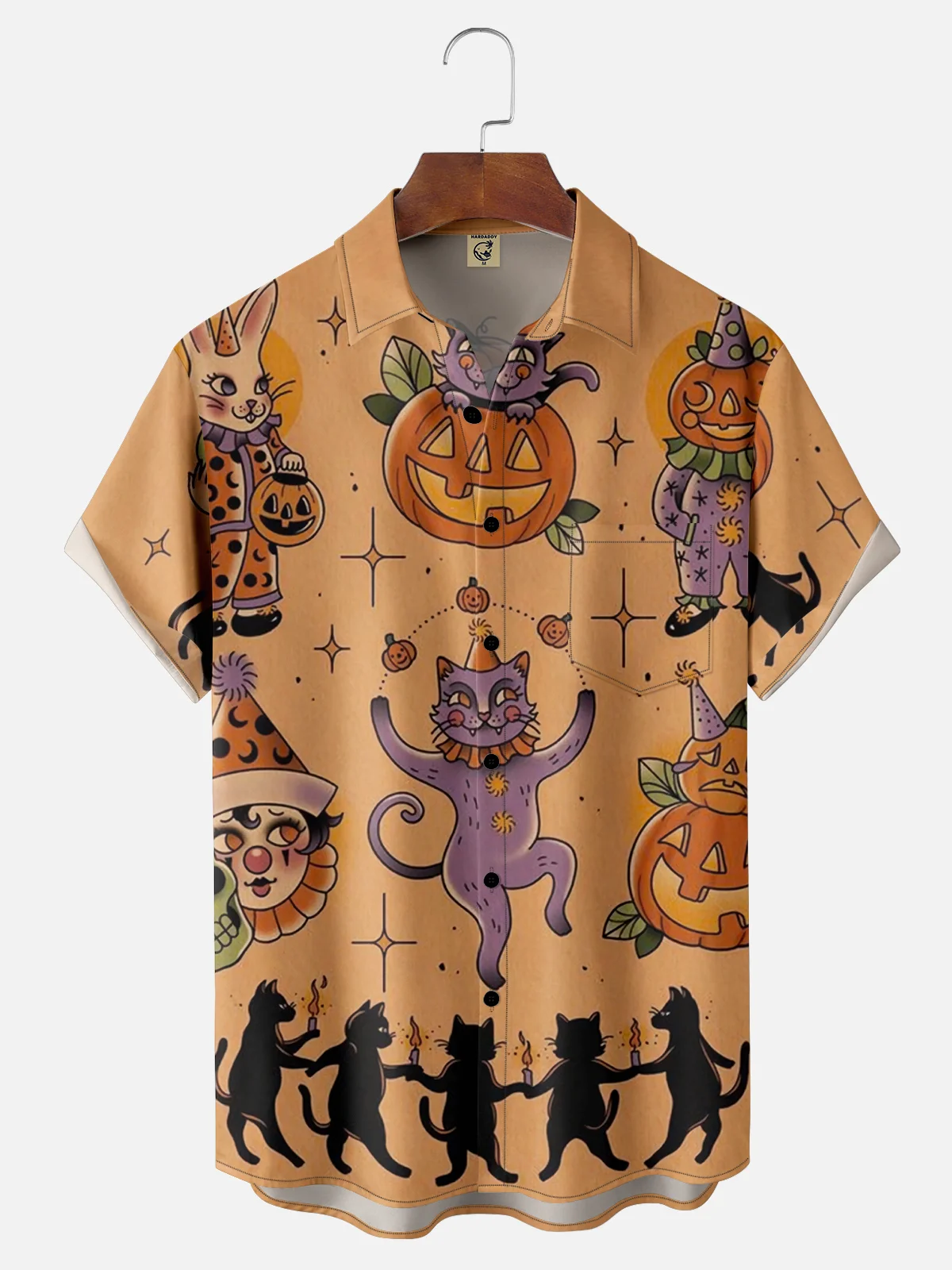 Moisture-wicking Halloween Pumpkin and Cat Carnival Chest Pocket Hawaiian Shirt