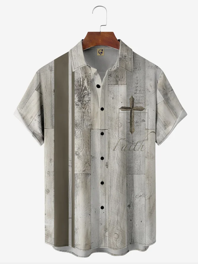 Tall Size Moisture Wicking Faith Cross Chest Pocket Bowling Shirt