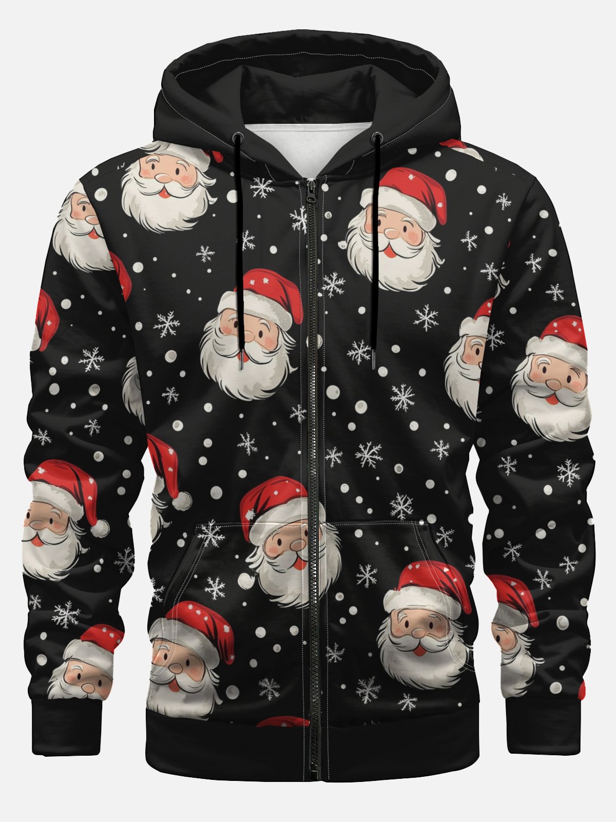 Santa Claus Head and Snowflake Print Zipper Hoodie Sweatshirt