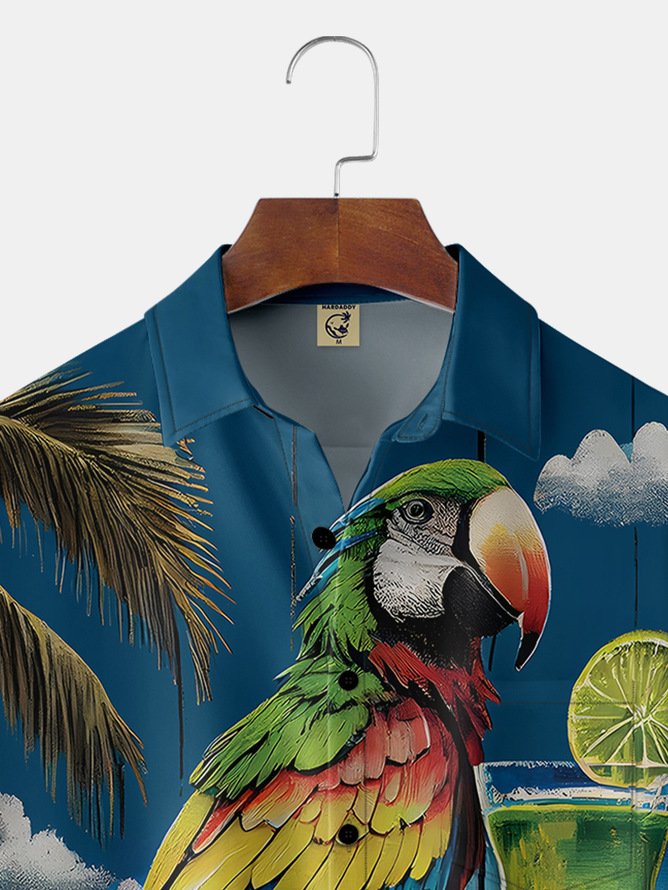 Tall Size Moisture Wicking Parrot Cocktail Chest Pocket Hawaiian Shirt