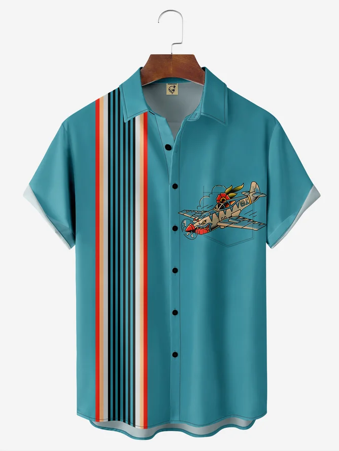 Tall Size Moisture Wicking Aircraft Cross Chest Pocket Bowling Shirt