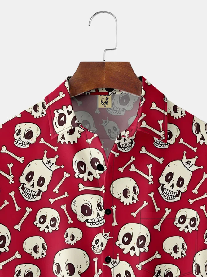 Tall Size Moisture Wicking Halloween Skull CrossChest Pocket Hawaiian Shirt