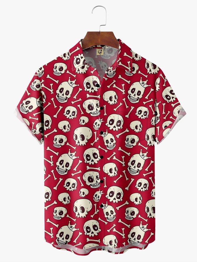 Tall Size Moisture Wicking Halloween Skull CrossChest Pocket Hawaiian Shirt