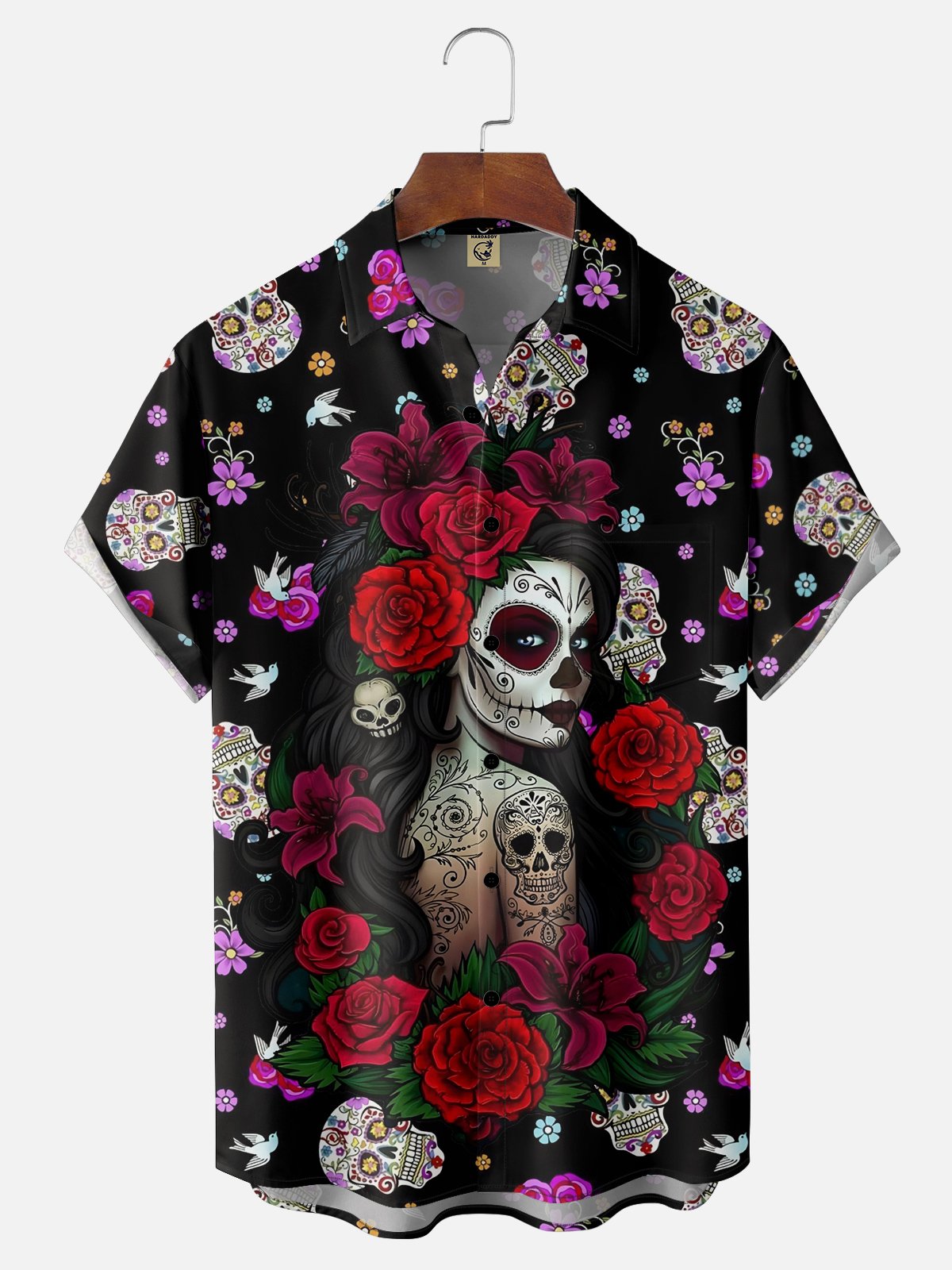 Moisture-wicking Day of the Dead Skull Chest Pocket Casual Shirt