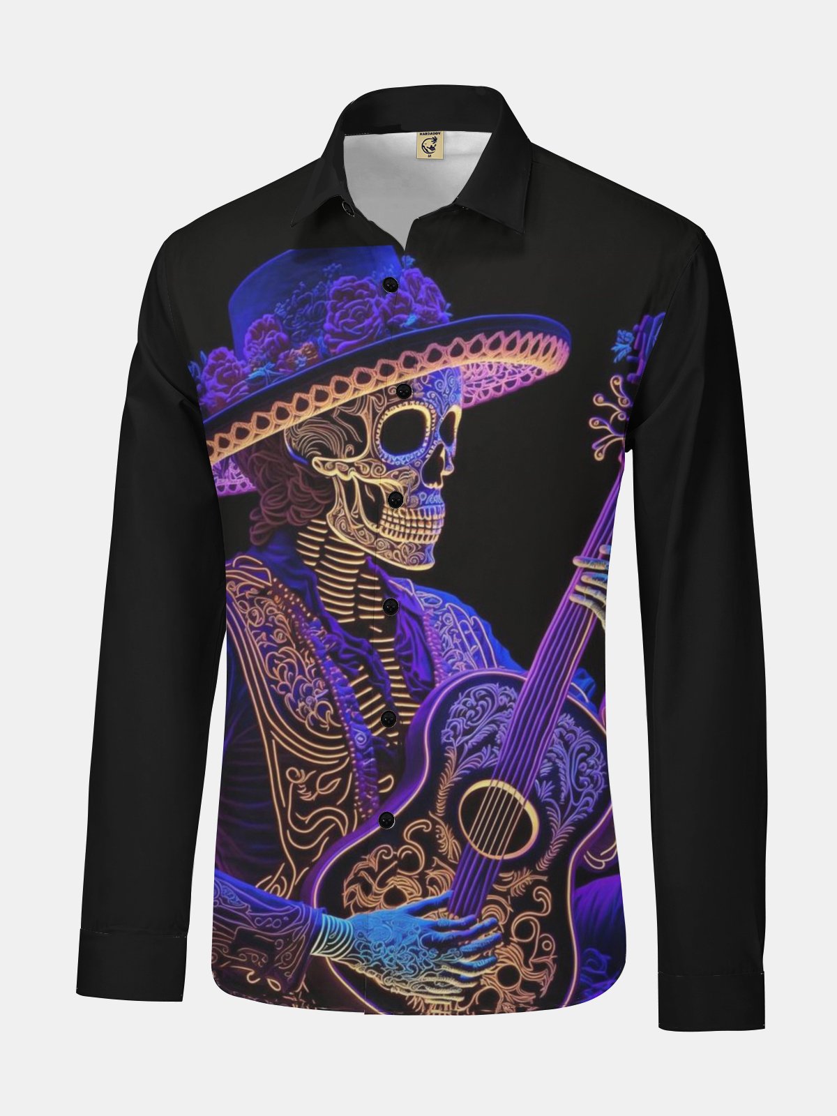 Day of the Dead Skull Music Guitar Regular Fit Long Sleeve Casual Dress Shirt