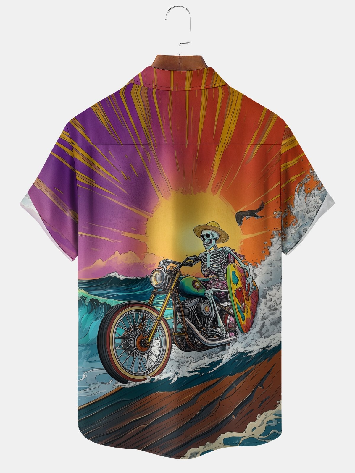 Moisture-wicking Skeleton Biker Surfing Chest Pocket Hawaiian Shirt