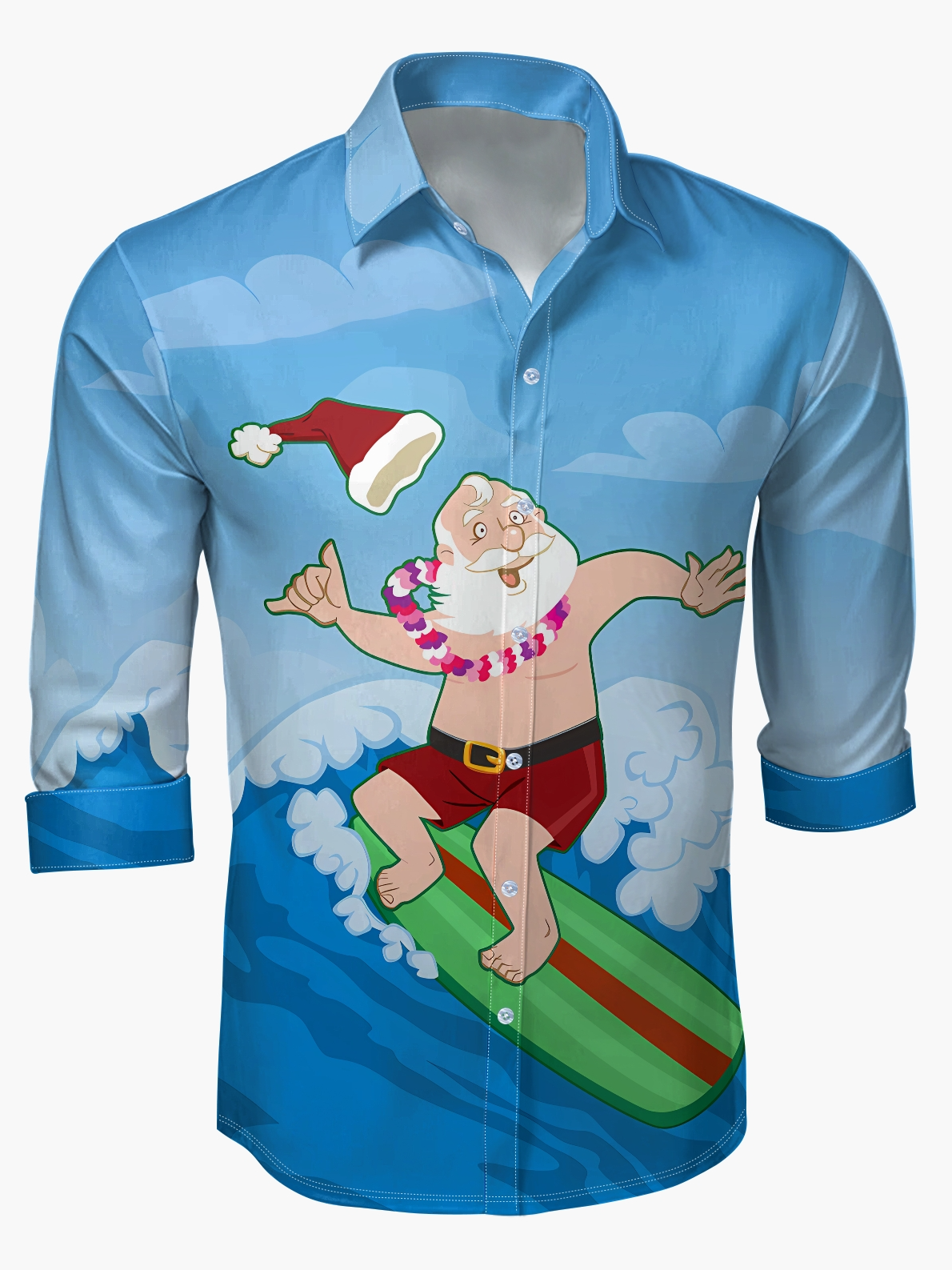 Christmas Santa Surfing Regular Fit Long Sleeve Casual Dress Shirt