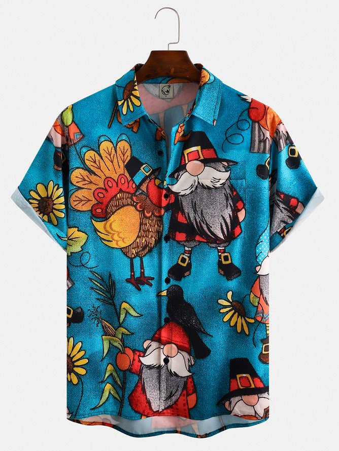 Mens Thanks giving Turkey Print Front Buttons Soft Breathable Chest Pocket Casual Hawaiian Shirt