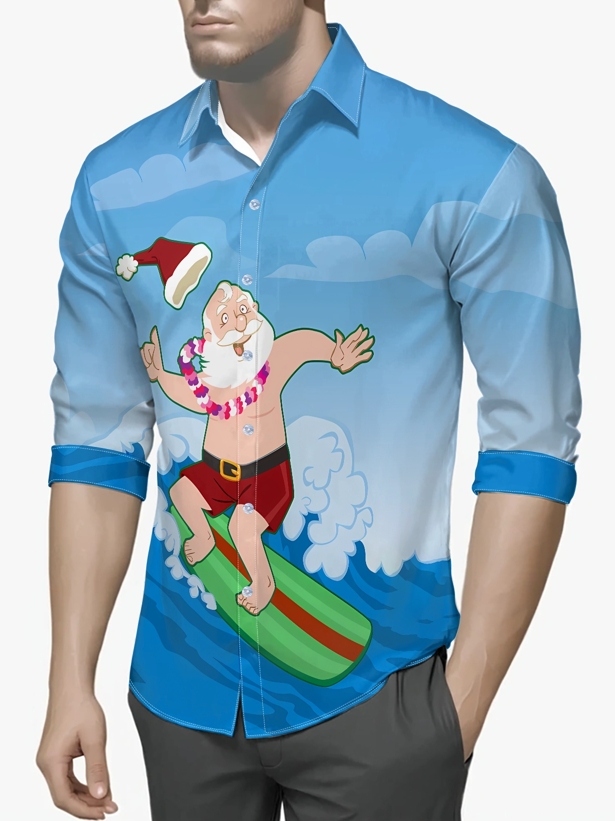 Christmas Santa Surfing Regular Fit Long Sleeve Casual Dress Shirt