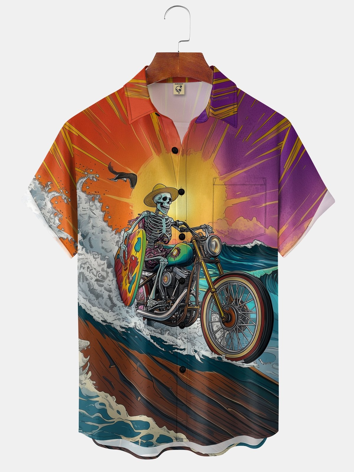 Moisture-wicking Skeleton Biker Surfing Chest Pocket Hawaiian Shirt