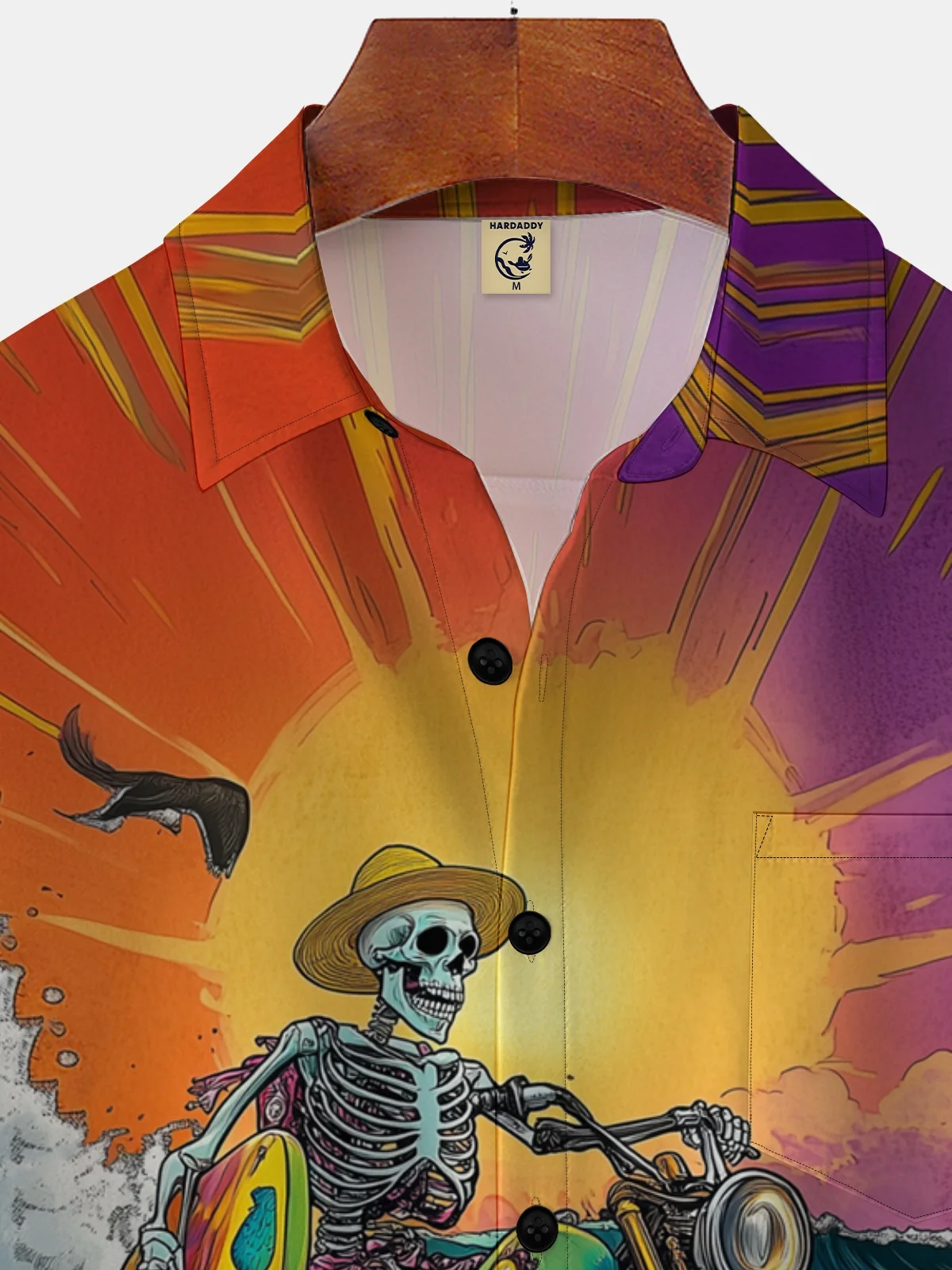 Moisture-wicking Skeleton Biker Surfing Chest Pocket Hawaiian Shirt