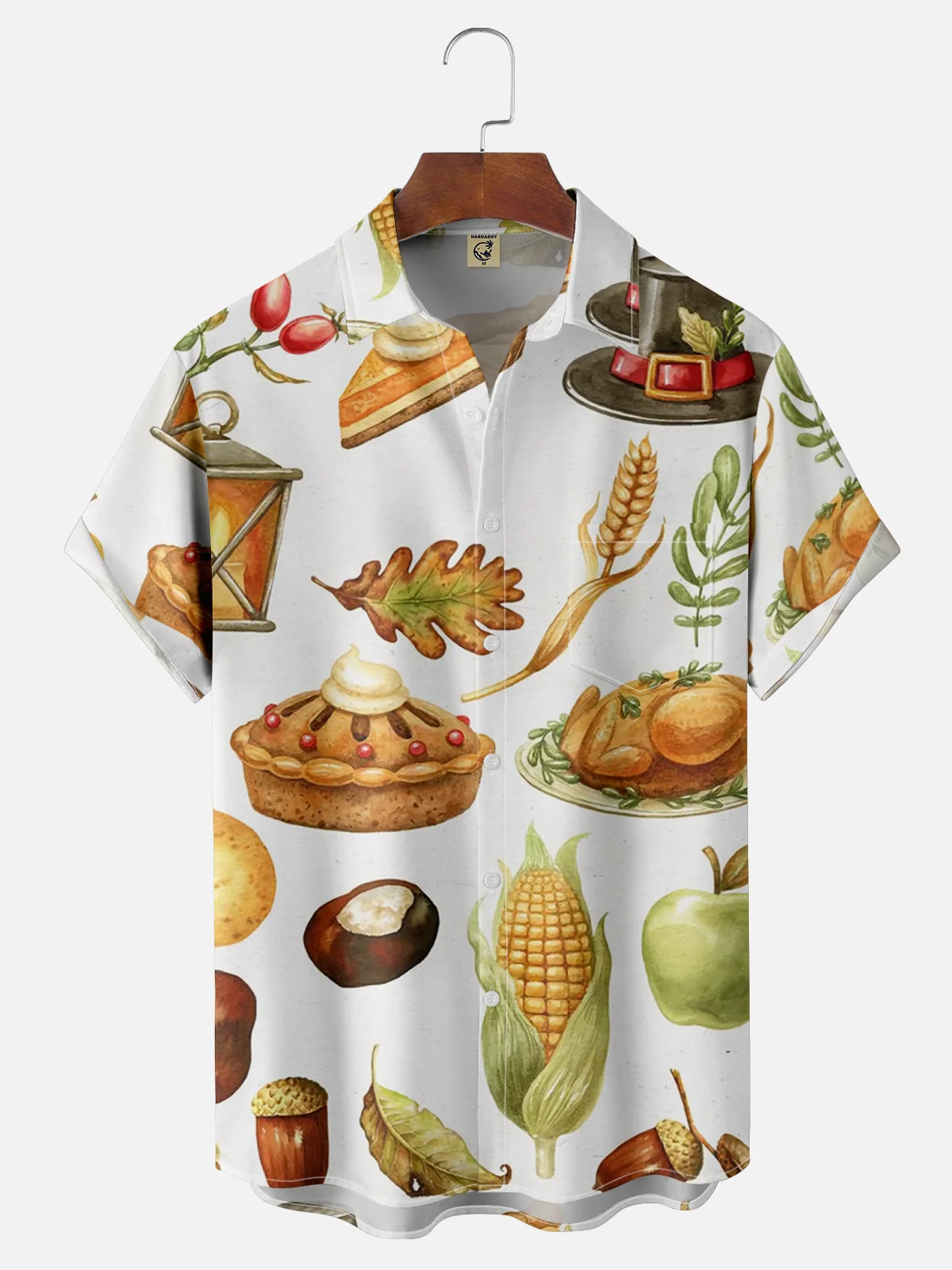 Moisture-wicking Thanksgiving Food Illustration Chest Pocket Hawaiian Shirt