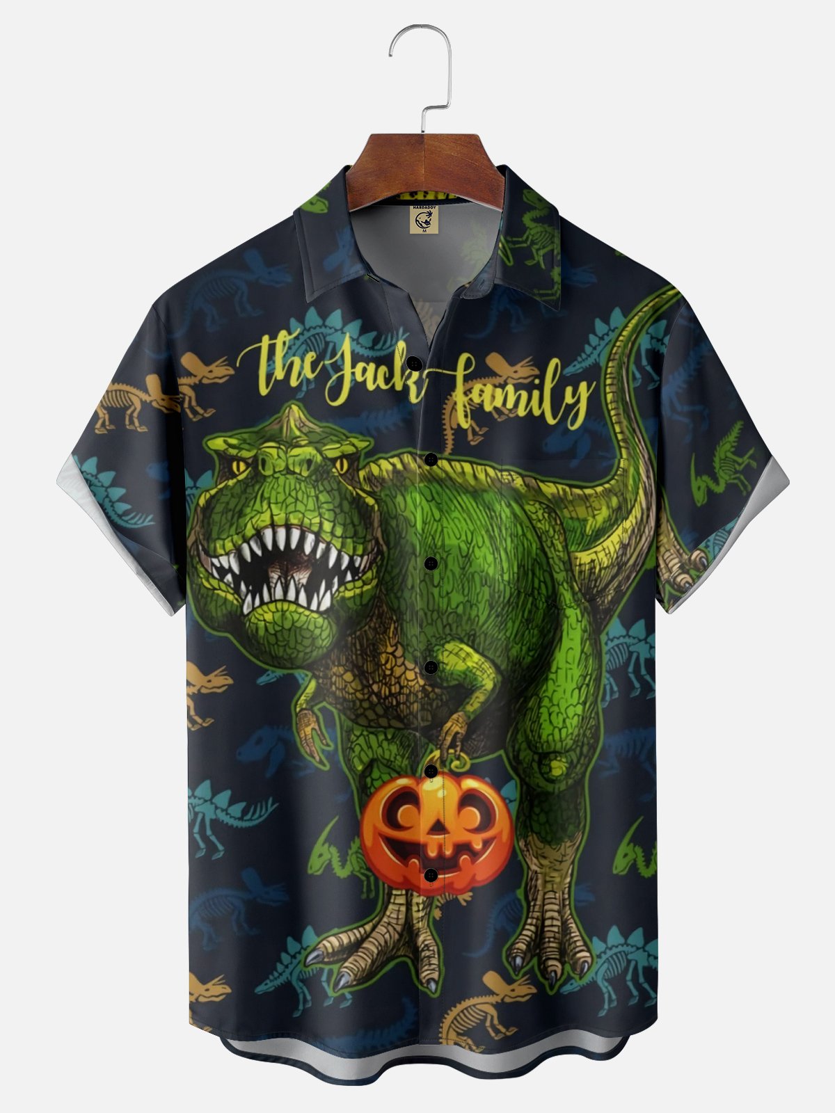 Moisture Wicking Halloween Pumpkin Dinosaur Chest Pocket Hawaiian Shirt