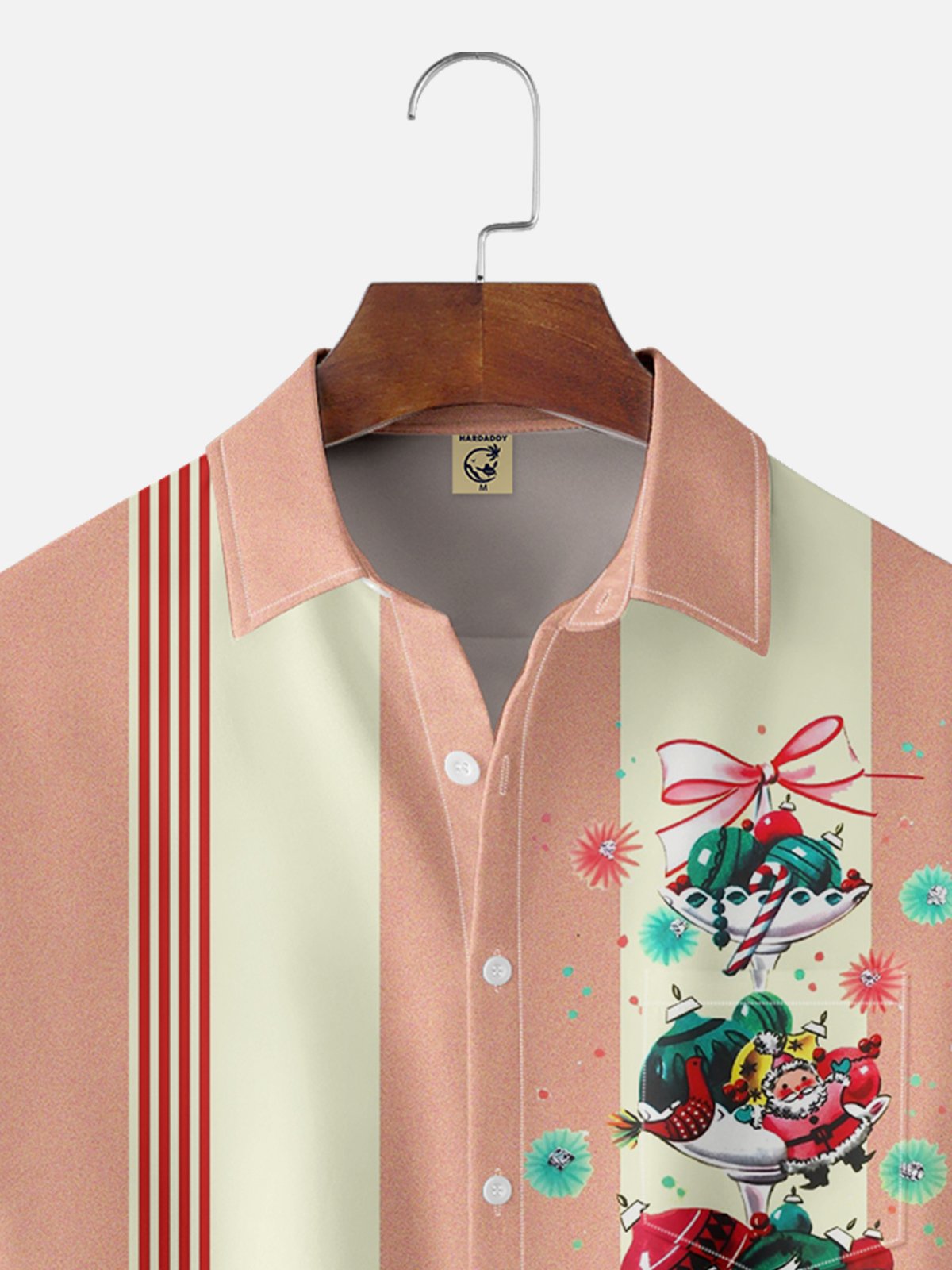 Moisture Wicking Christmas Santa Chest Pocket Bowling Shirt