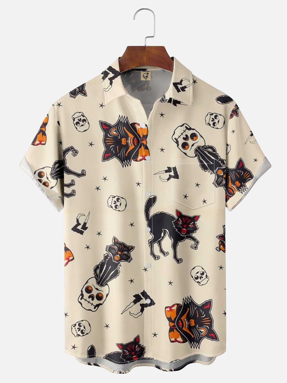 Moisture-wicking Halloween Evil Cat Chest Pocket Hawaiian Shirt