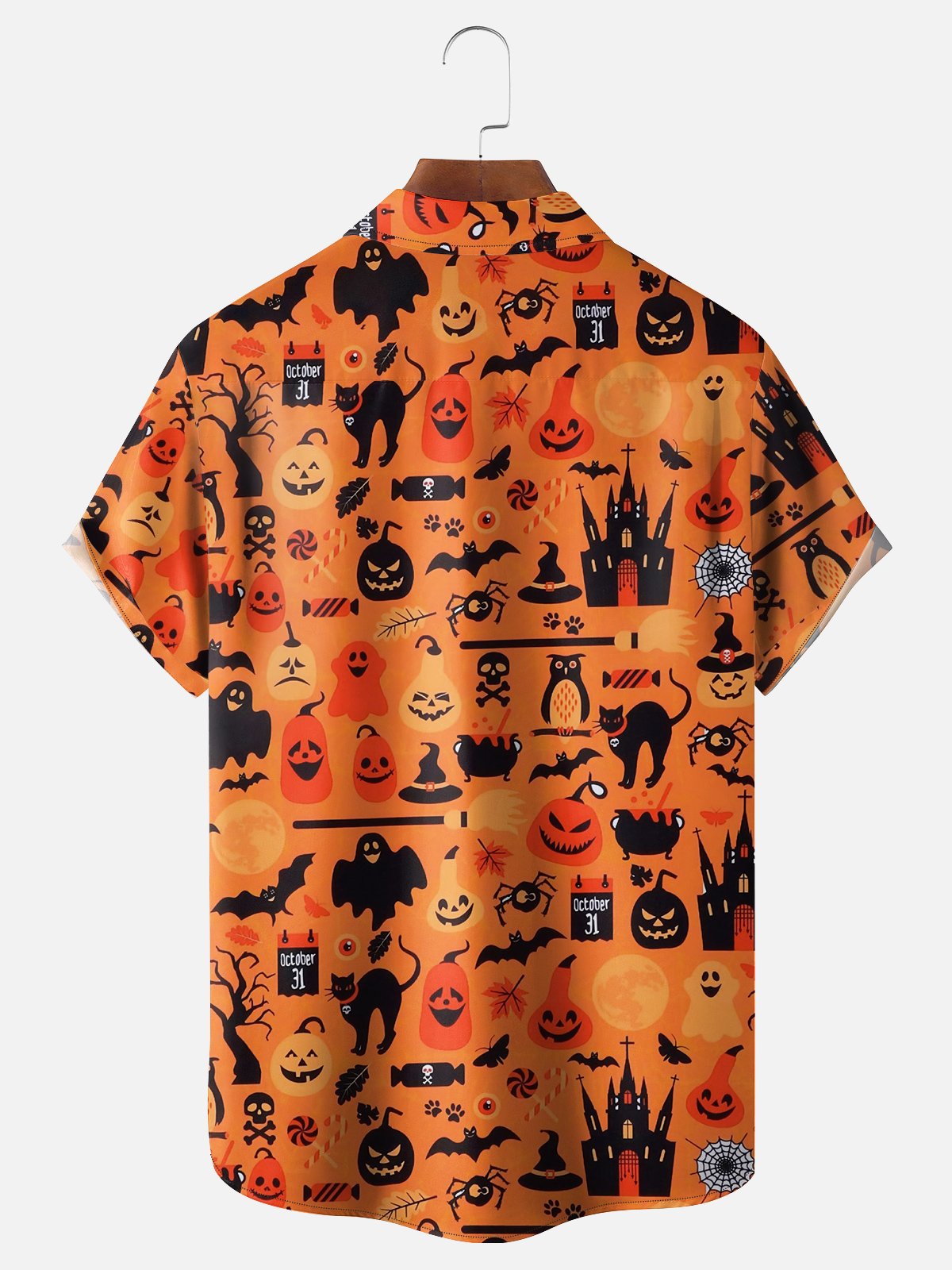 Moisture Wicking Halloween Cat Pumpkin Ghost Chest Pocket Hawaiian Shirt