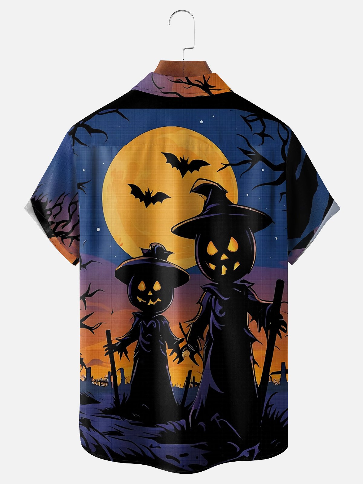 Moisture Wicking Halloween Pumpkin Scarecrow Chest Pocket Hawaiian Shirt