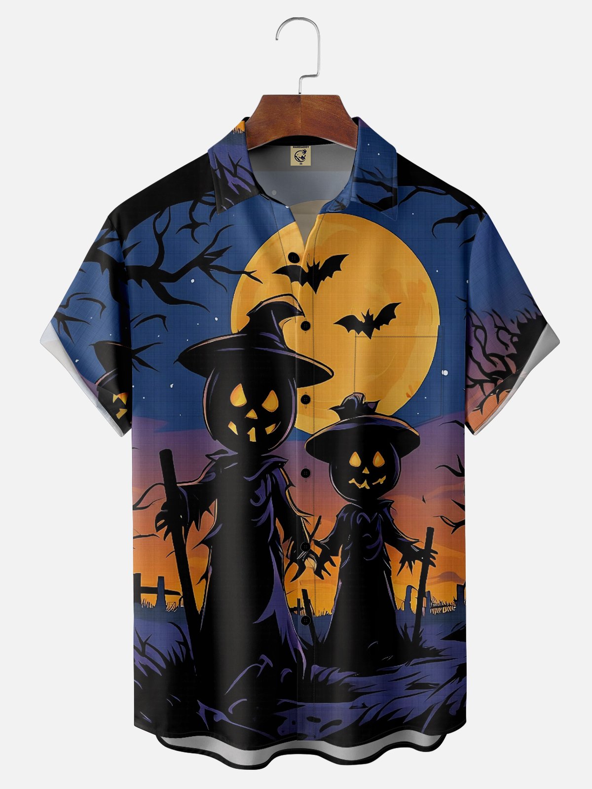 Moisture Wicking Halloween Pumpkin Scarecrow Chest Pocket Hawaiian Shirt