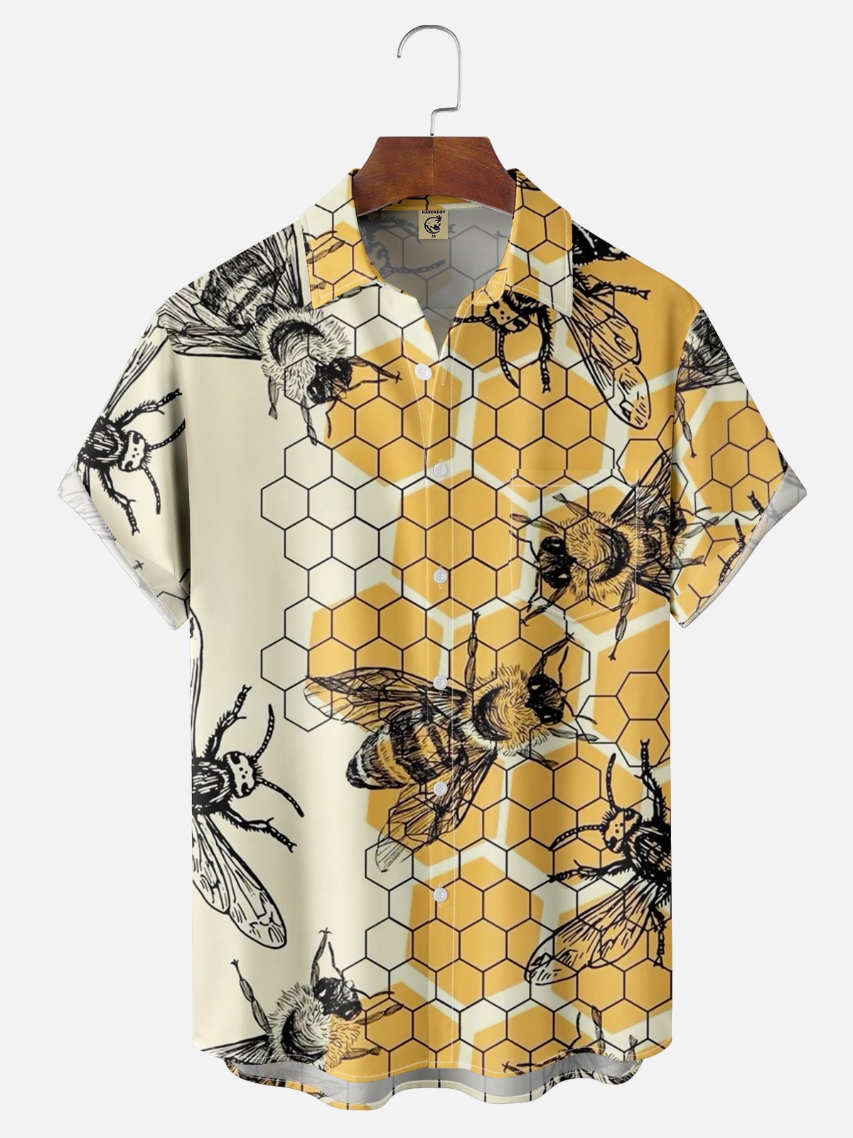 Moisture-wicking Bee Art Illustration Chest Pocket Hawaiian Shirt