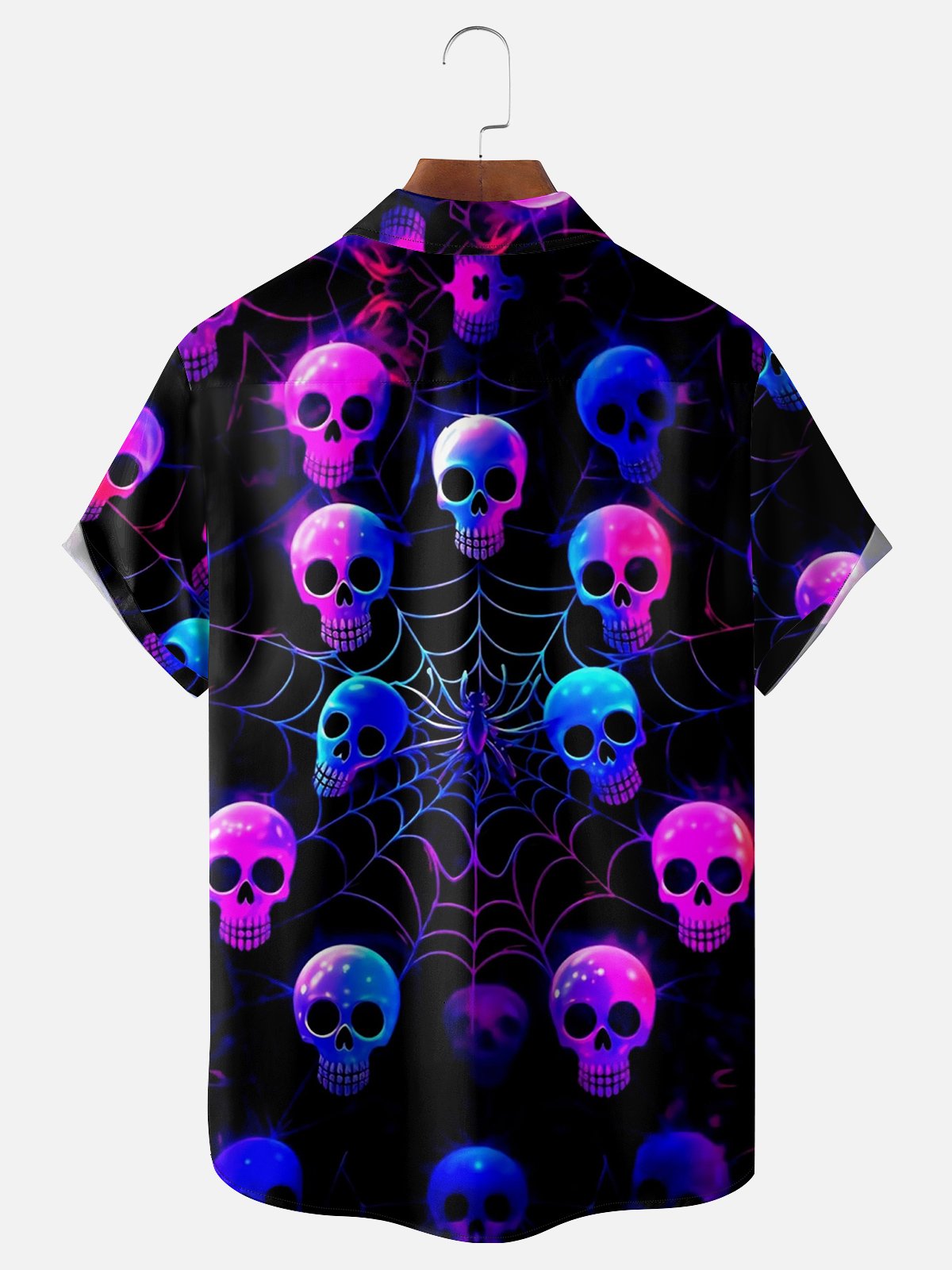 Moisture-wicking Halloween Spider Web Skull Chest Pocket Hawaiian Shirt