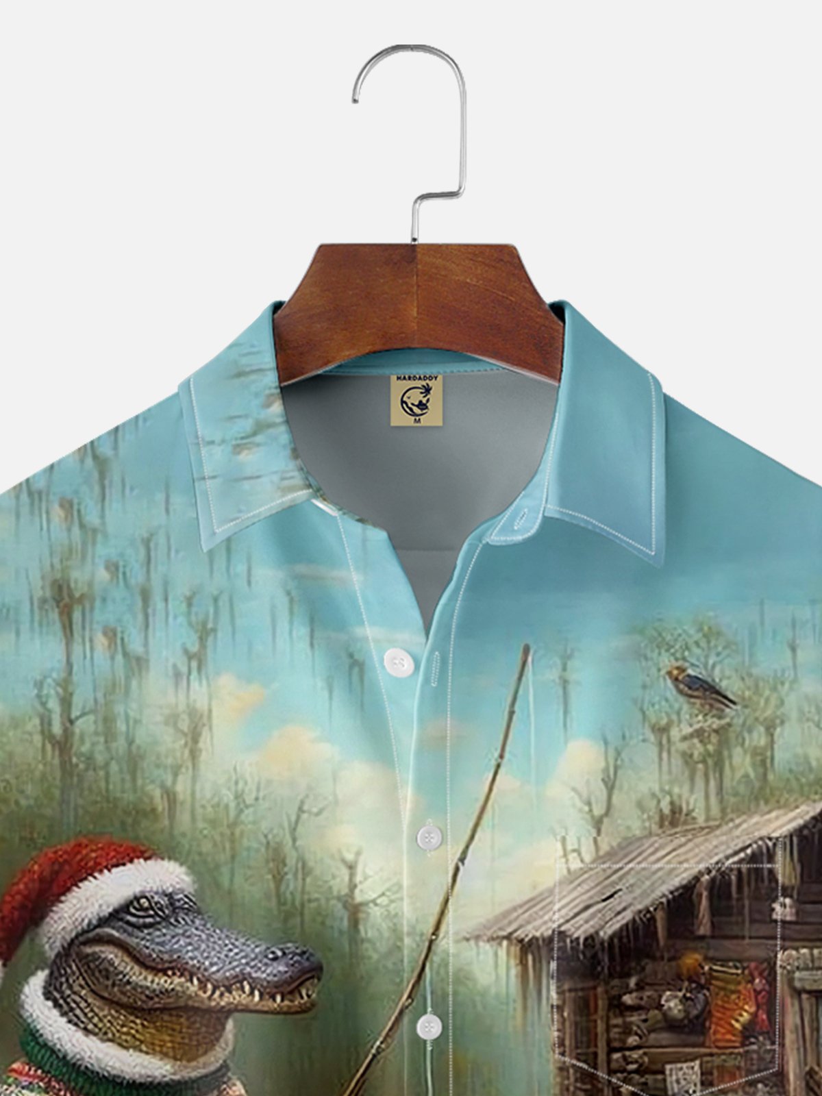 Moisture-wicking Christmas Alligator Fishing Chest Pocket Hawaiian Shirt