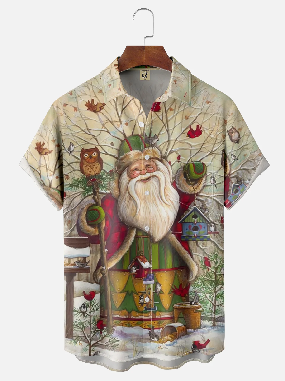 Moisture-wicking Santa Claus Artistic Painting Chest Pocket Hawaiian Shirt