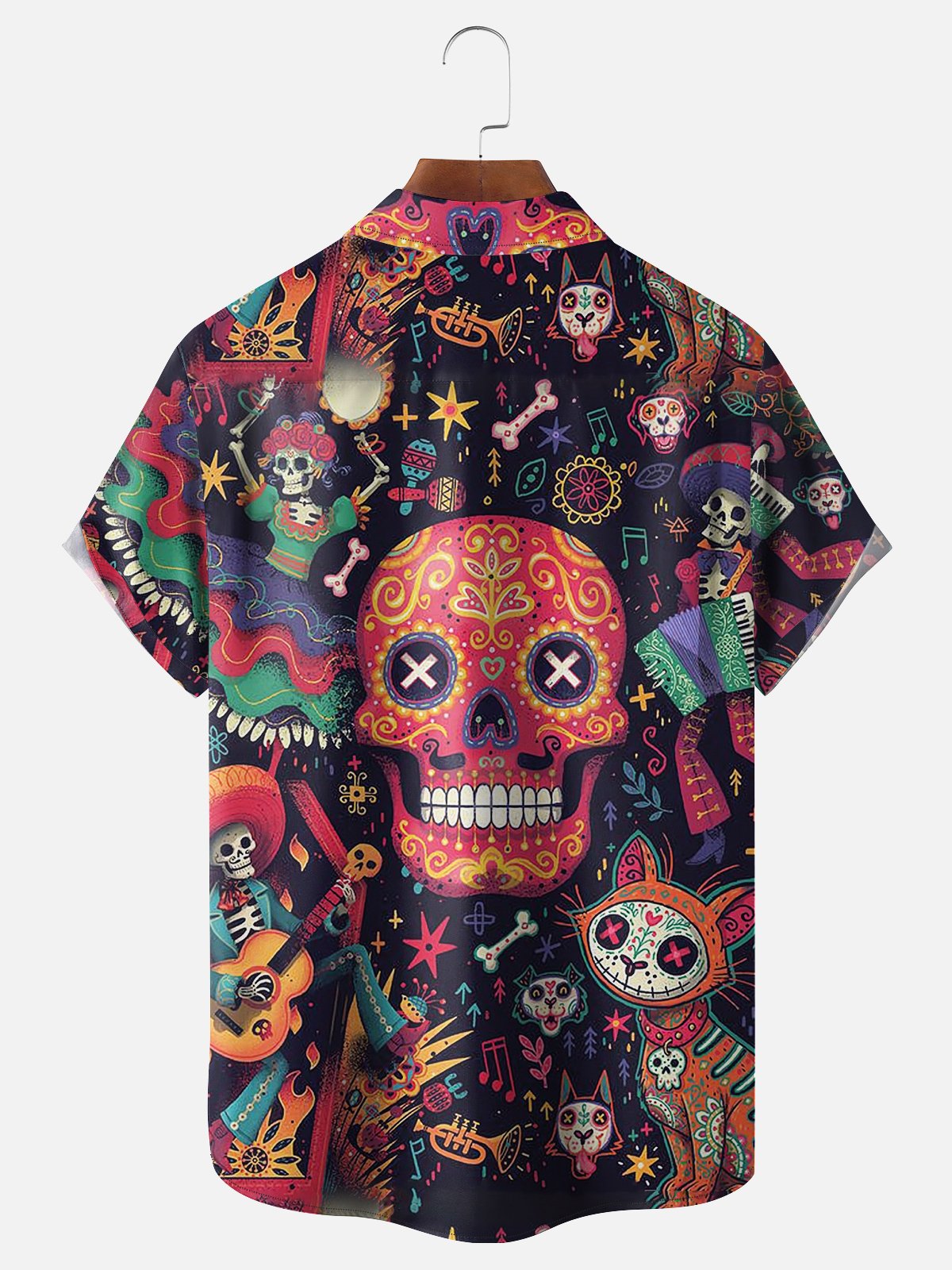 Moisture-wicking Day of the Dead Skull Illustration Chest Pocket Hawaiian Shirt