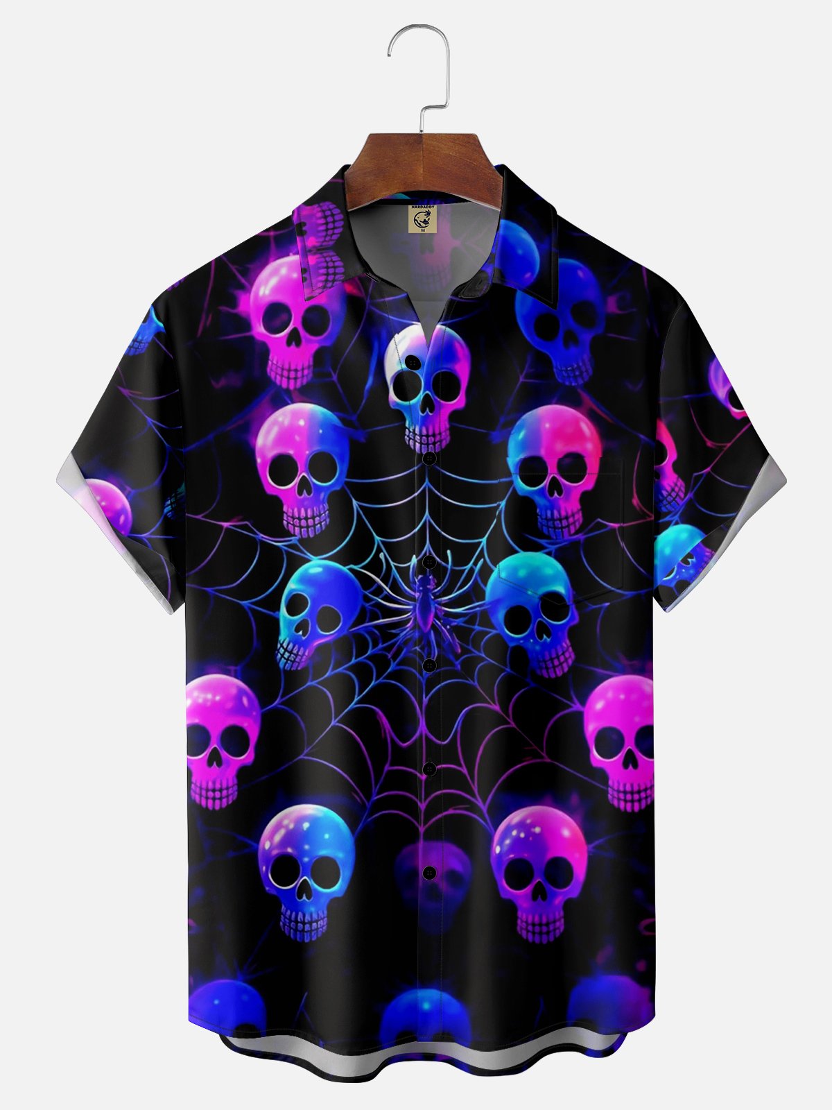 Moisture-wicking Halloween Spider Web Skull Chest Pocket Hawaiian Shirt