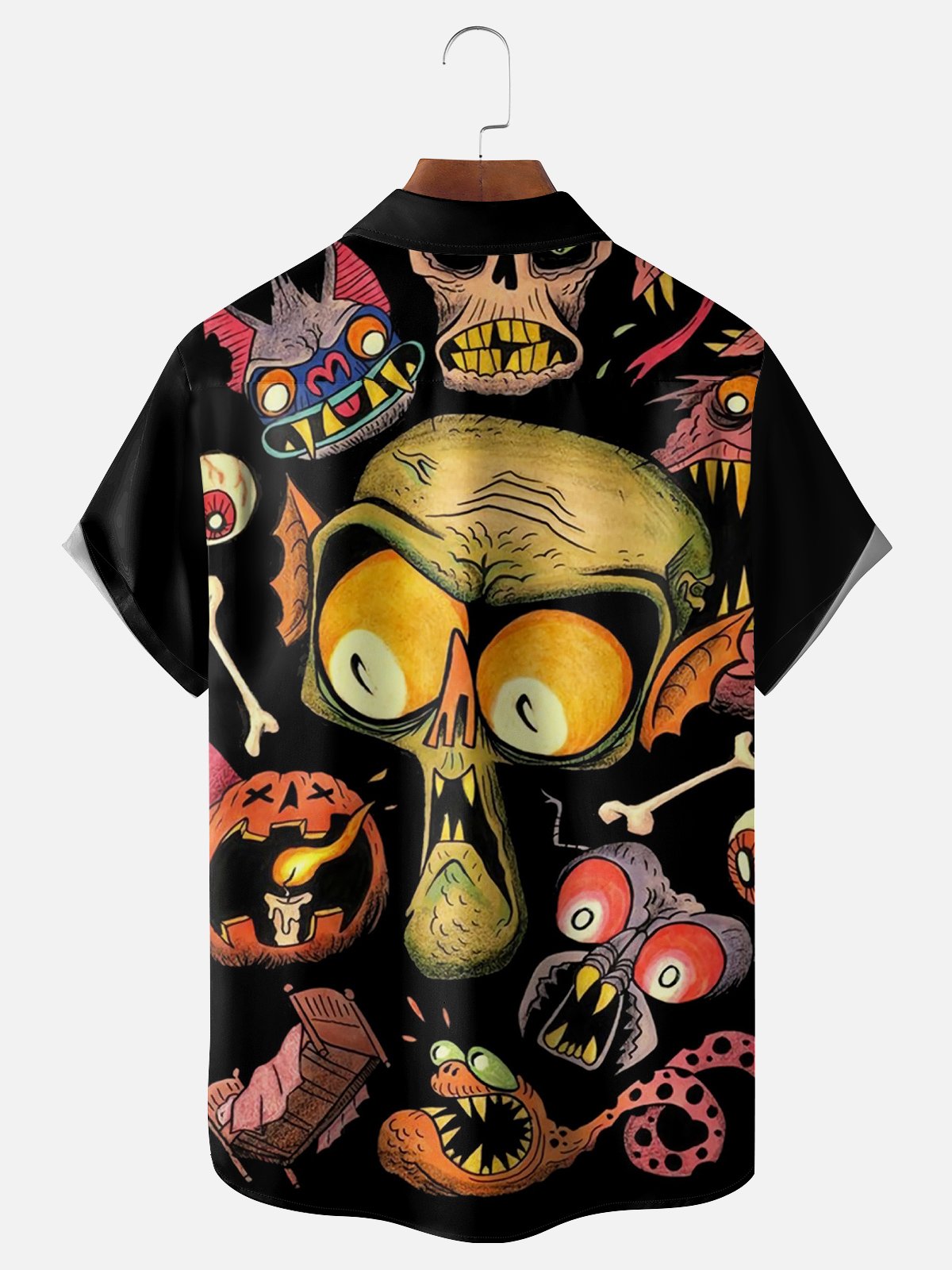 Moisture-wicking Halloween Monster Vintage Illustration Chest Pocket Hawaiian Shirt