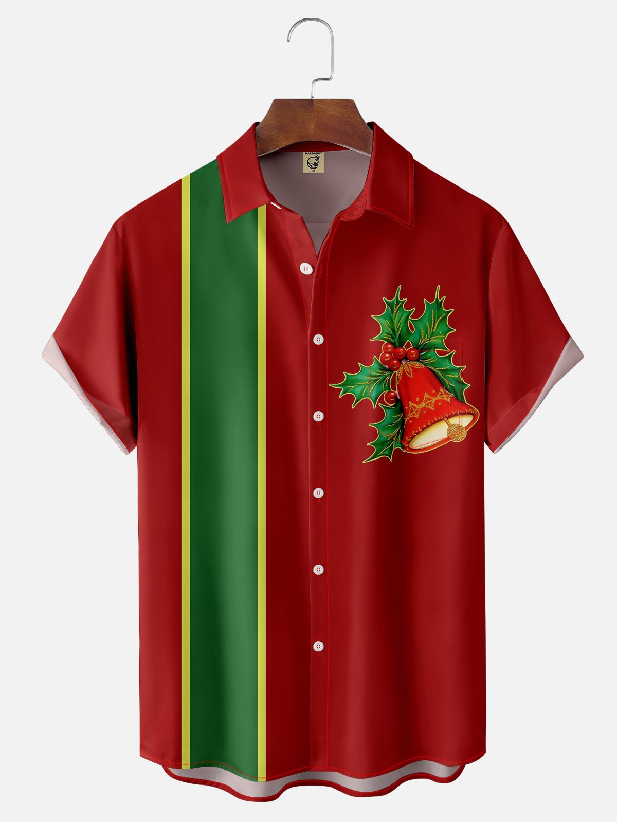 Moisture-wicking Christmas Jingle Bells Berry Leaf Chest Pocket Bowling Shirt