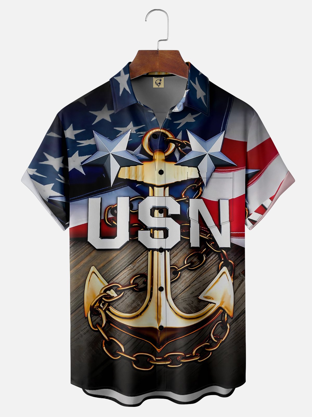 Moisture Wicking US Flag Navy Chest Pocket Hawaiian Shirt