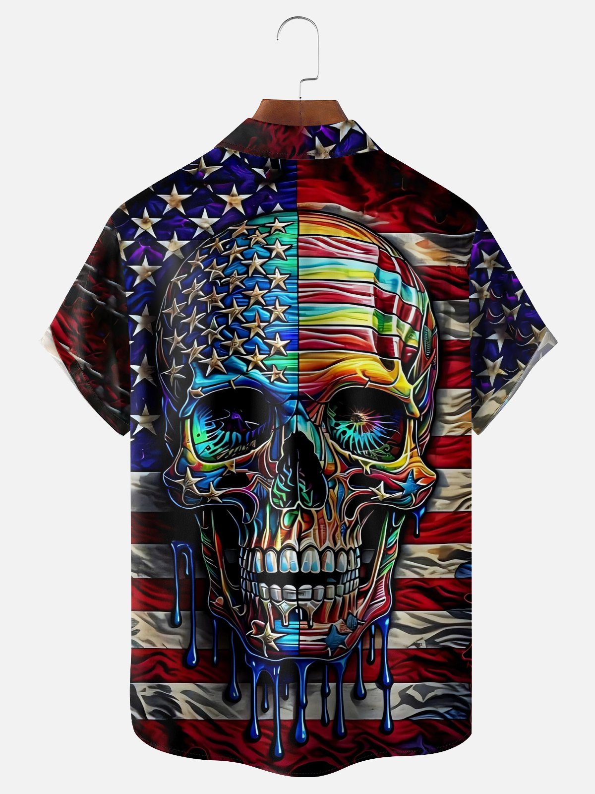 Moisture Wicking American Flag Skull Chest Pocket Hawaiian Shirt