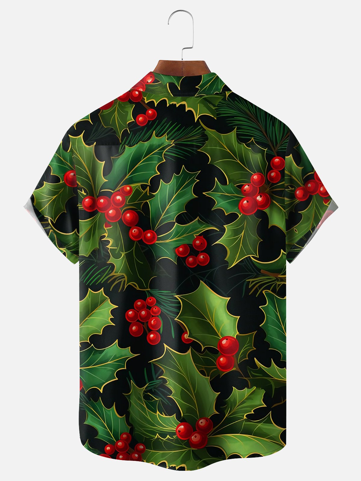 Moisture-wicking Christmas Berry Leaf Chest Pocket Casual Shirt