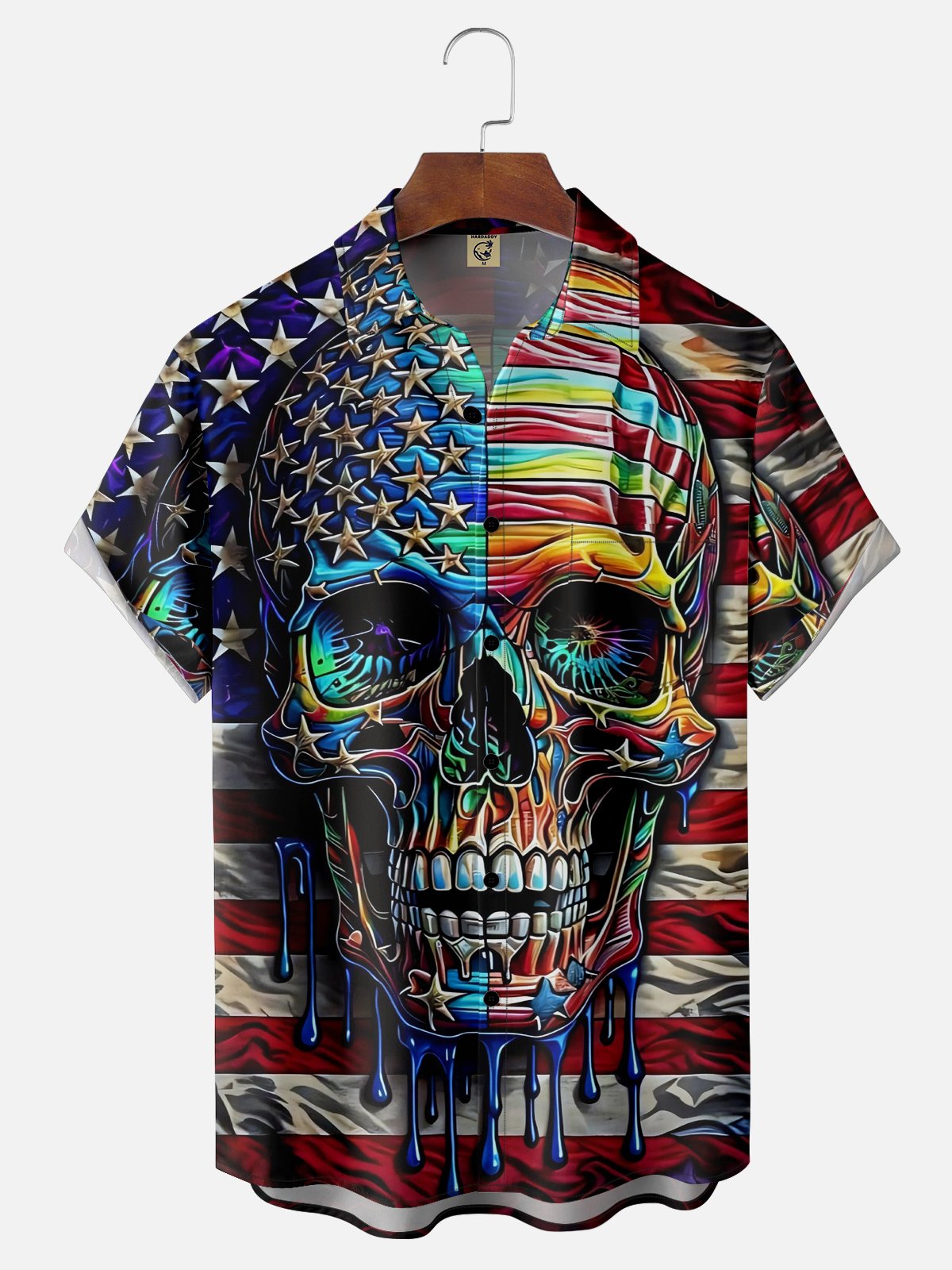 Moisture Wicking American Flag Skull Chest Pocket Hawaiian Shirt