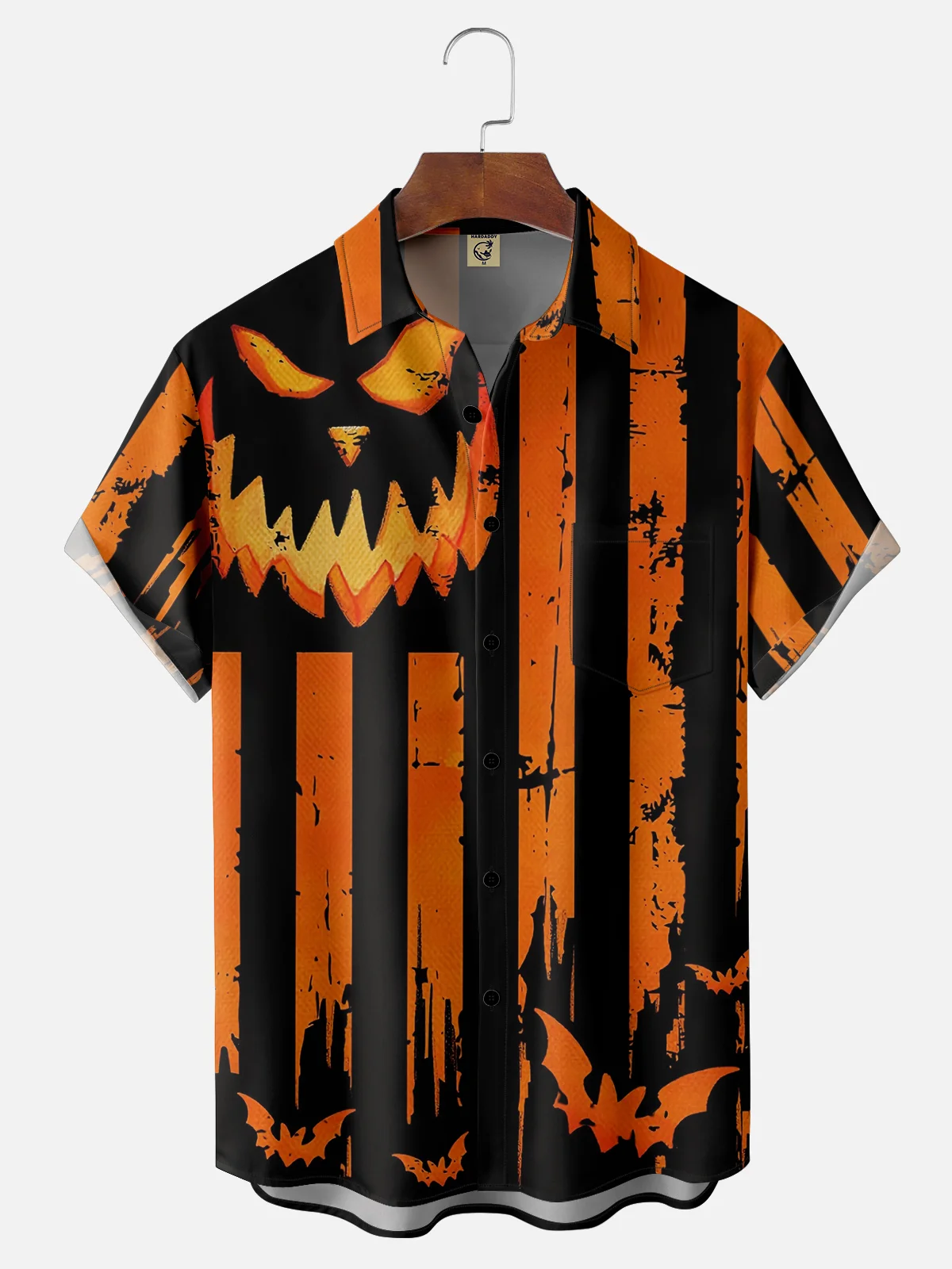 Moisture Wicking Halloween Pumpkin Chest Pocket Hawaiian Shirt