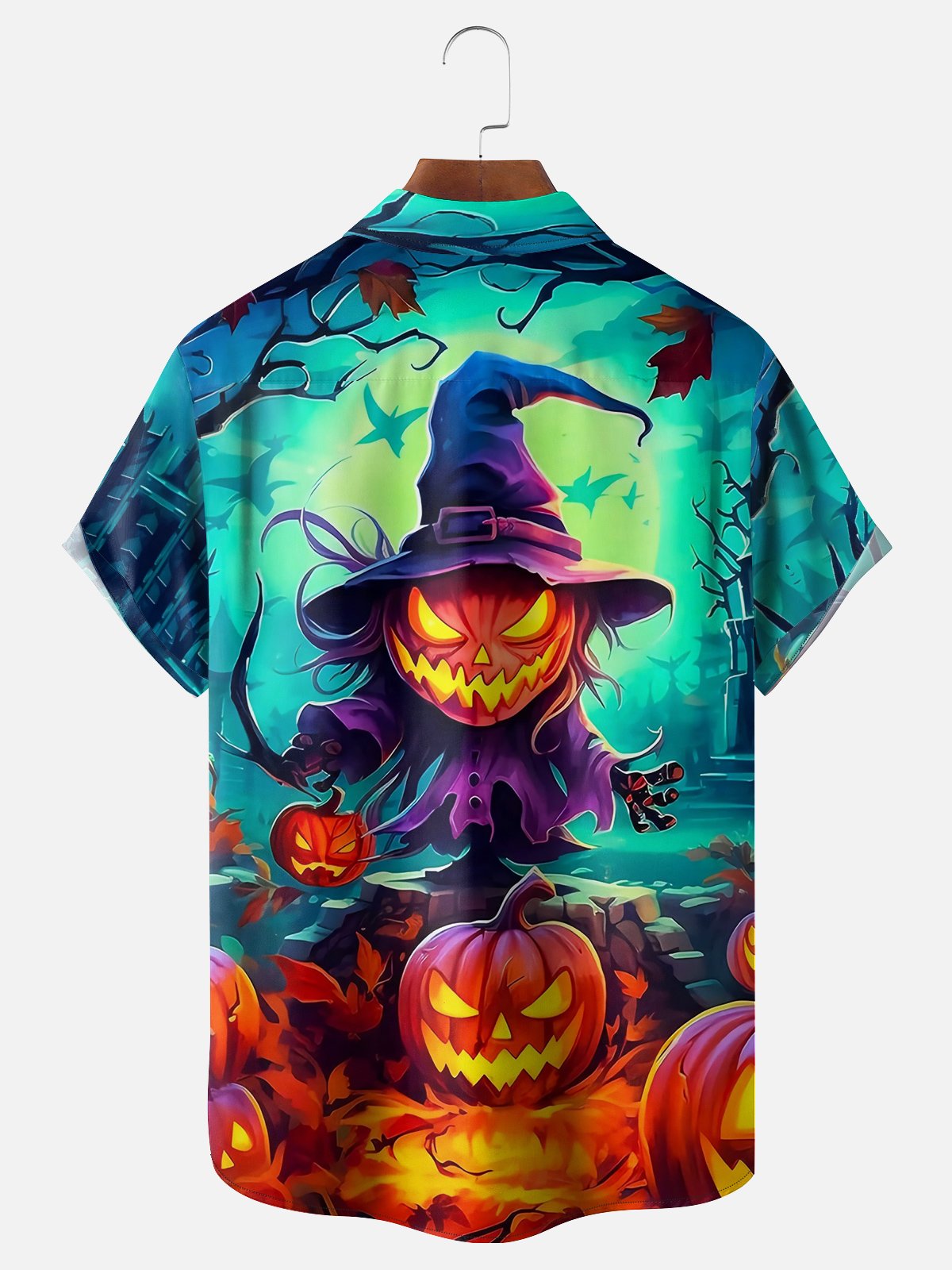 Moisture Wicking Halloween Pumpkin Chest Pocket Hawaiian Shirt