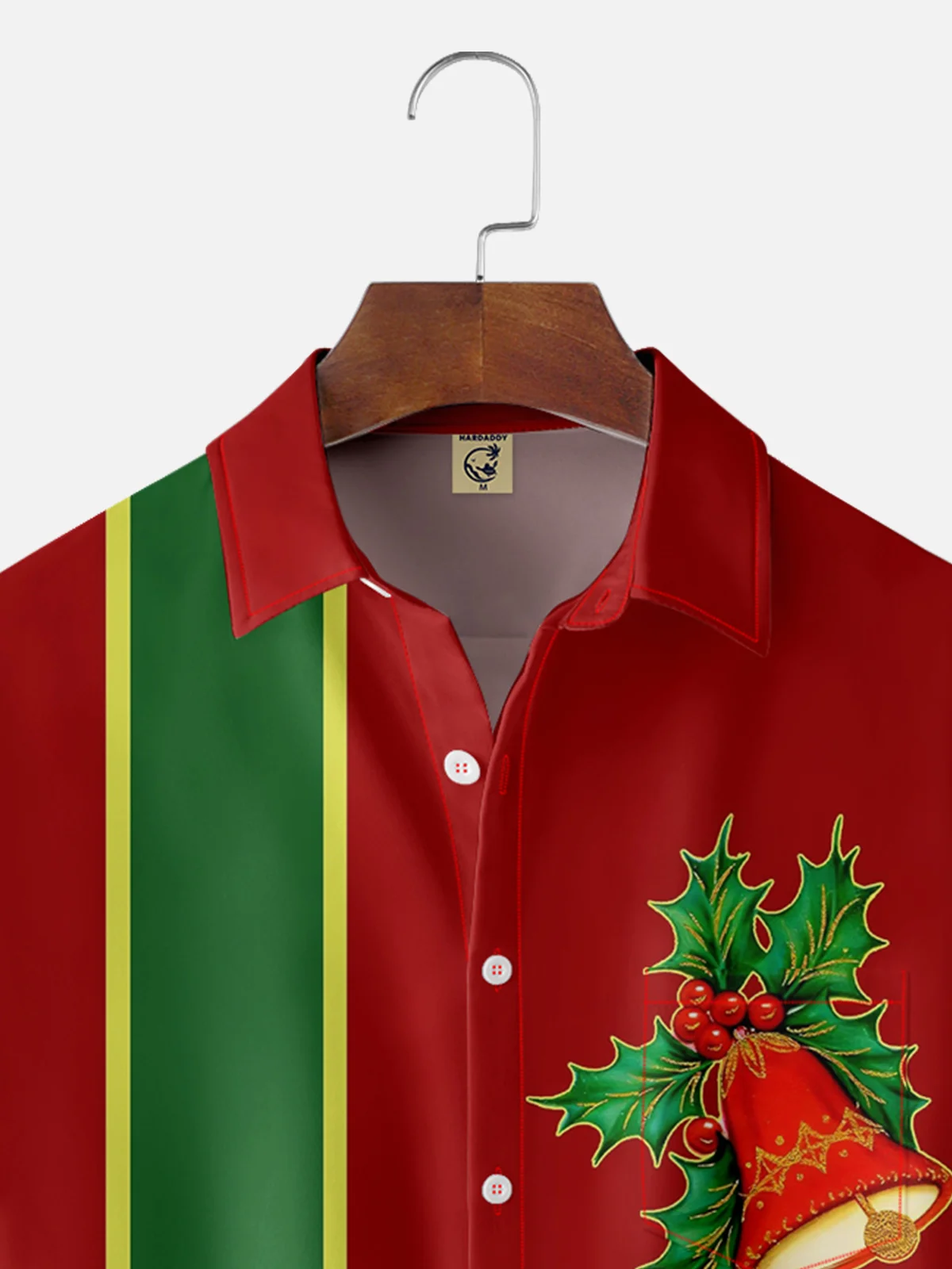 Moisture-wicking Christmas Jingle Bells Berry Leaf Chest Pocket Bowling Shirt