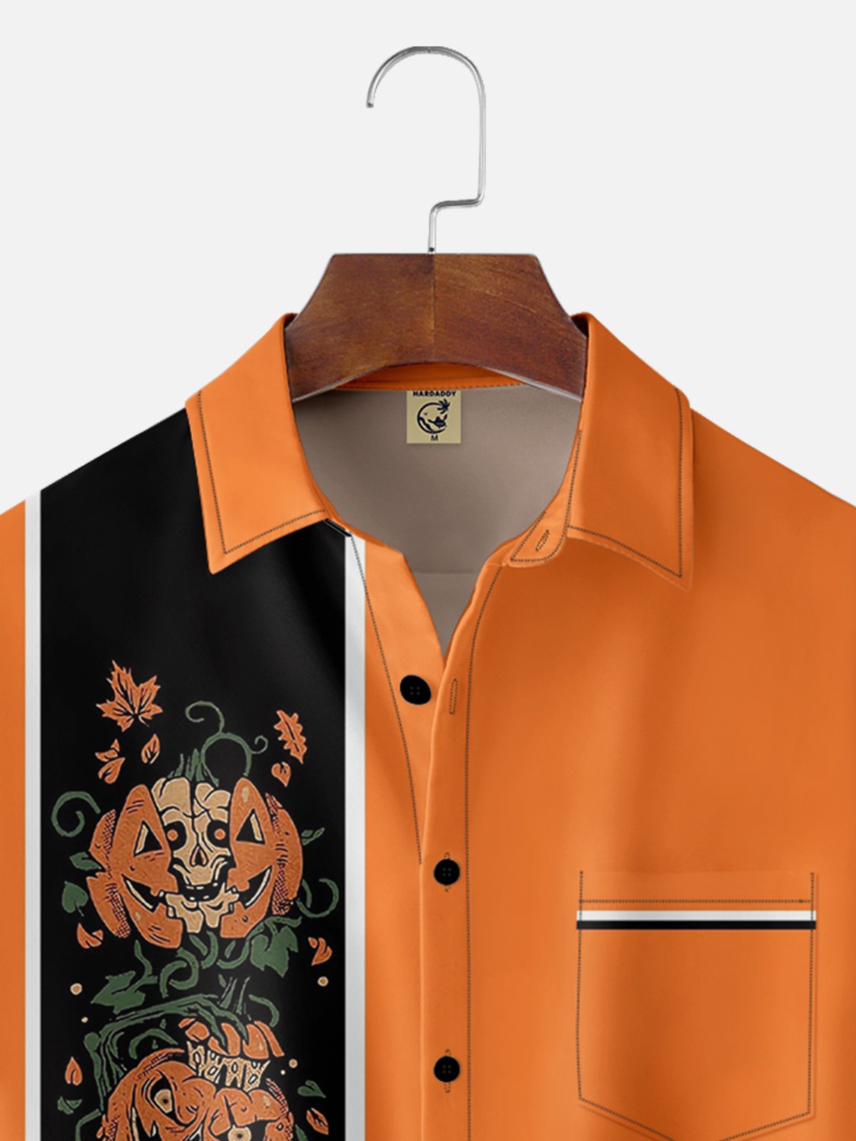 Moisture-wicking Halloween Pumpkin Chest Pocket Bowling Shirt