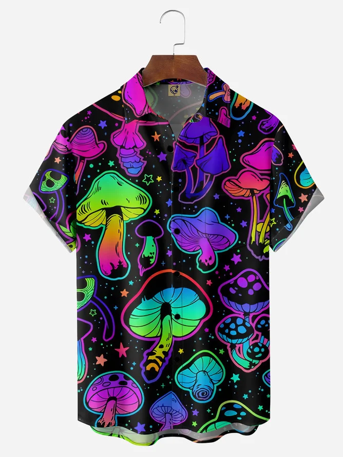 Tall Size Moisture-wicking Hippie Mushroom Chest Pocket Hawaiian Shirt