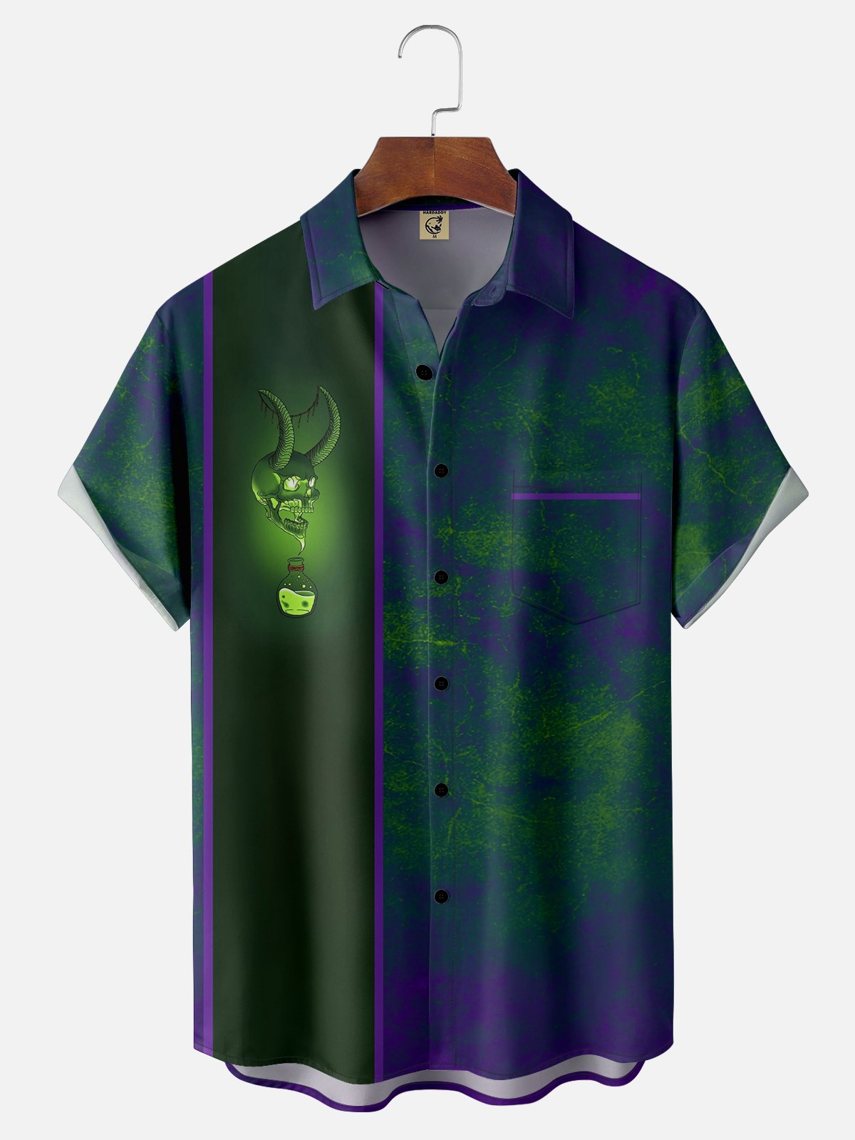 Moisture-wicking Skeleton Monster Art Illustration Chest Pocket Bowling Shirt