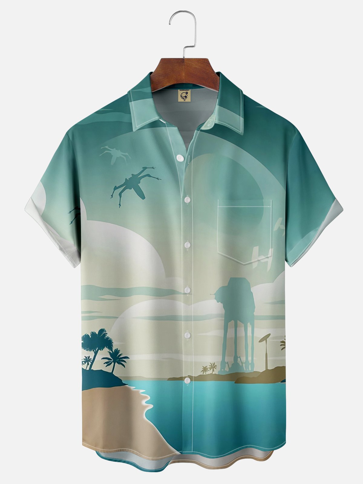 Moisture Wicking Star Robot Spaceship Chest Pocket Hawaiian Shirt