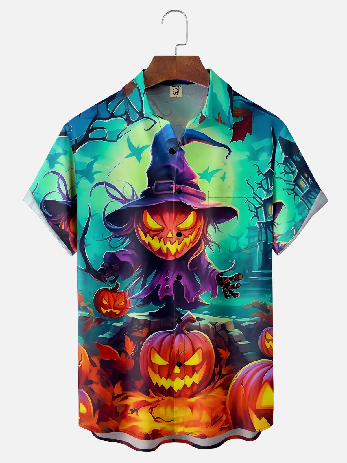 Moisture Wicking Halloween Pumpkin Chest Pocket Hawaiian Shirt