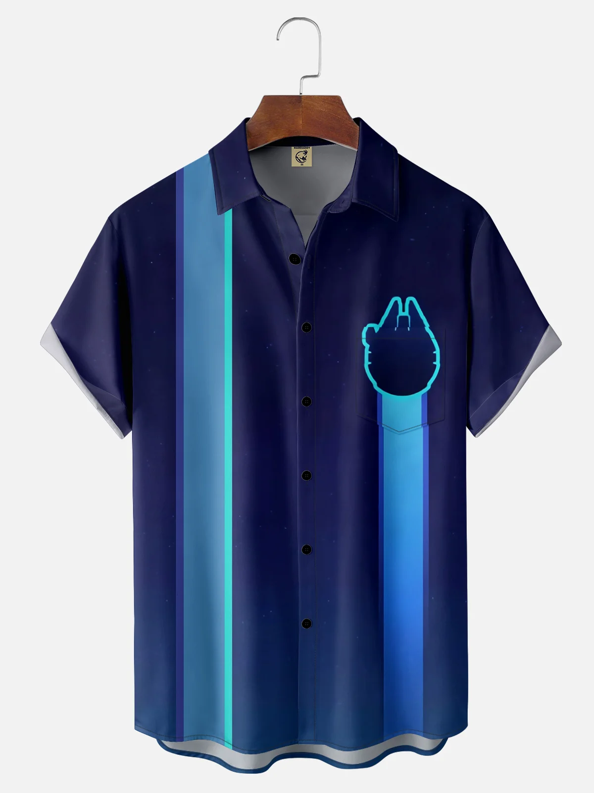 Moisture Wicking Star Robot Spaceship Chest Pocket Bowling Shirt