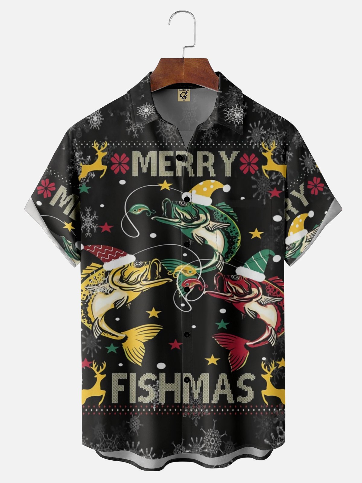 Moisture wicking Christmas Christmas fish chest pocket Hawaiian shirt