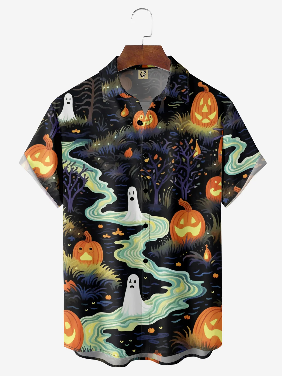 Moisture-wicking Halloween Pumpkin Ghost Chest Pocket Casual Shirt