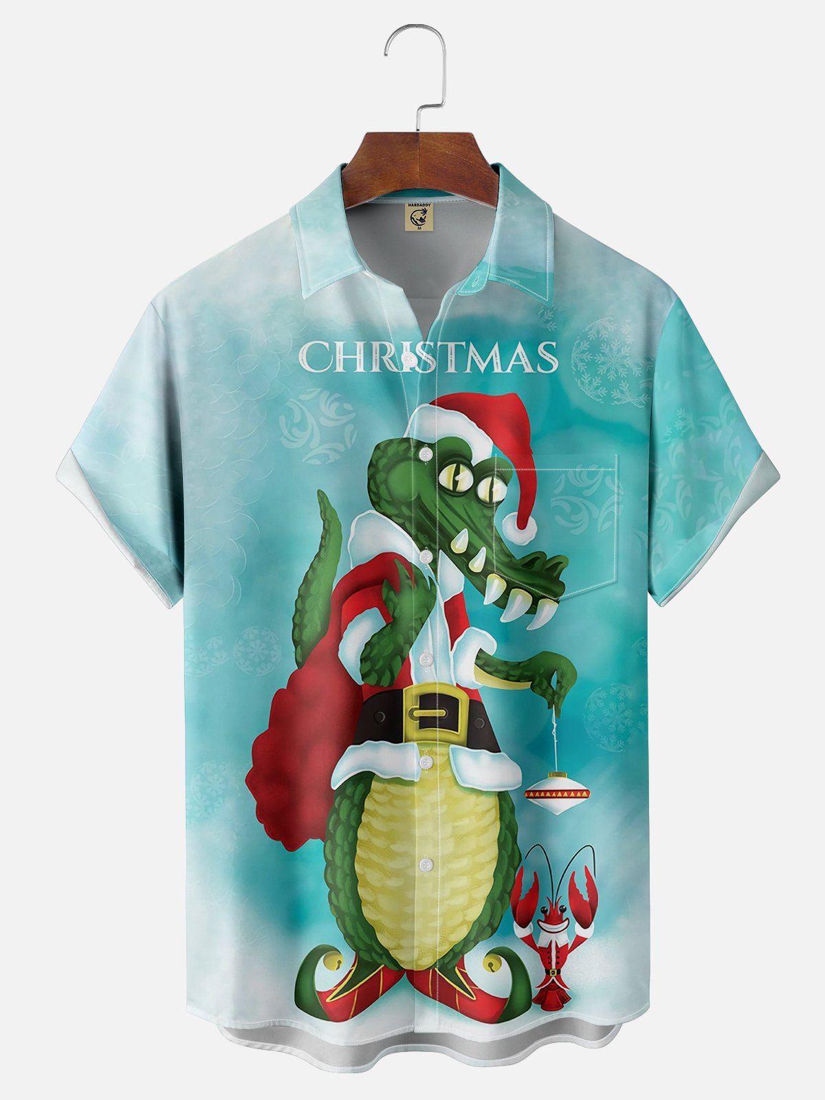 Moisture-wicking Christmas Alligator and Crawfish Chest Pocket Hawaiian Shirt