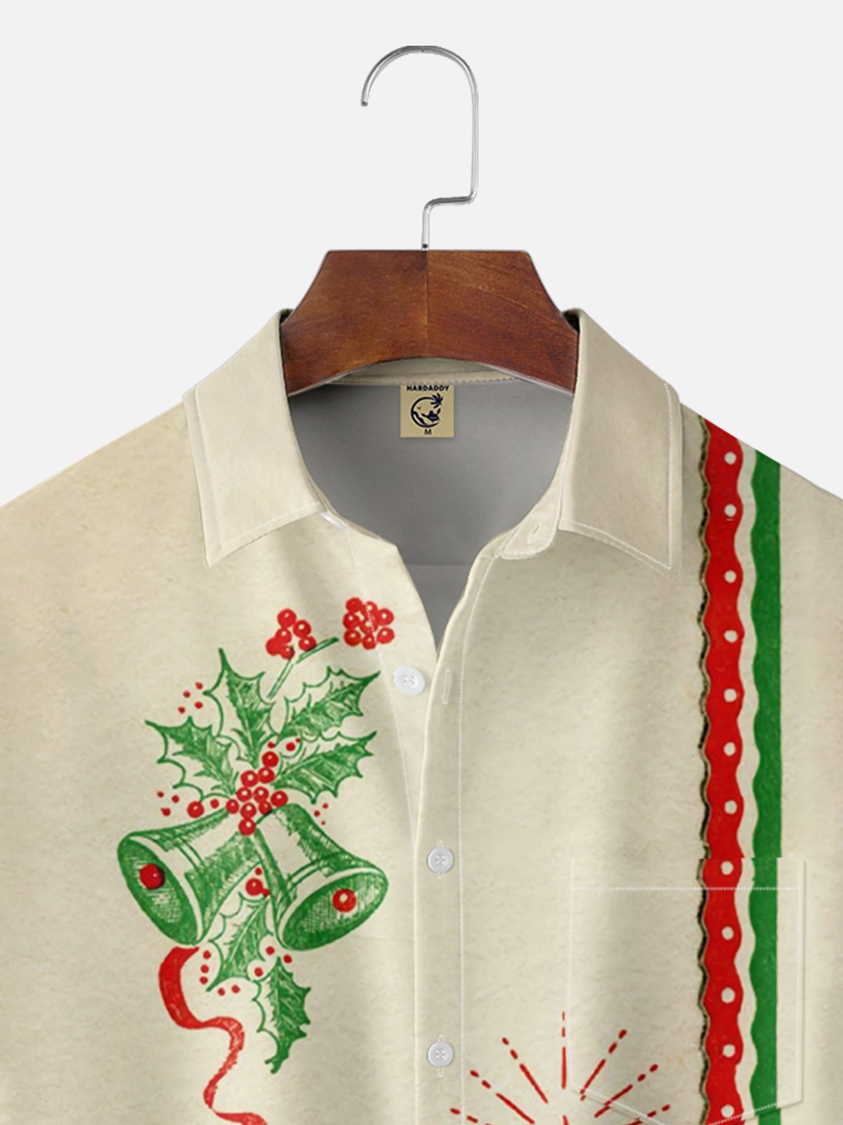 Moisture-wicking Classic Christmas Bell Chest Pocket Bowling Shirt