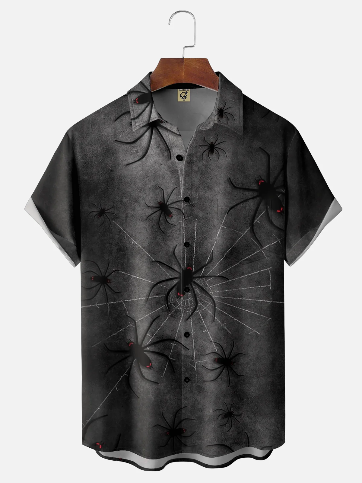 Moisture-wicking Dark Spider Illustration Chest Pocket Hawaiian Shirt