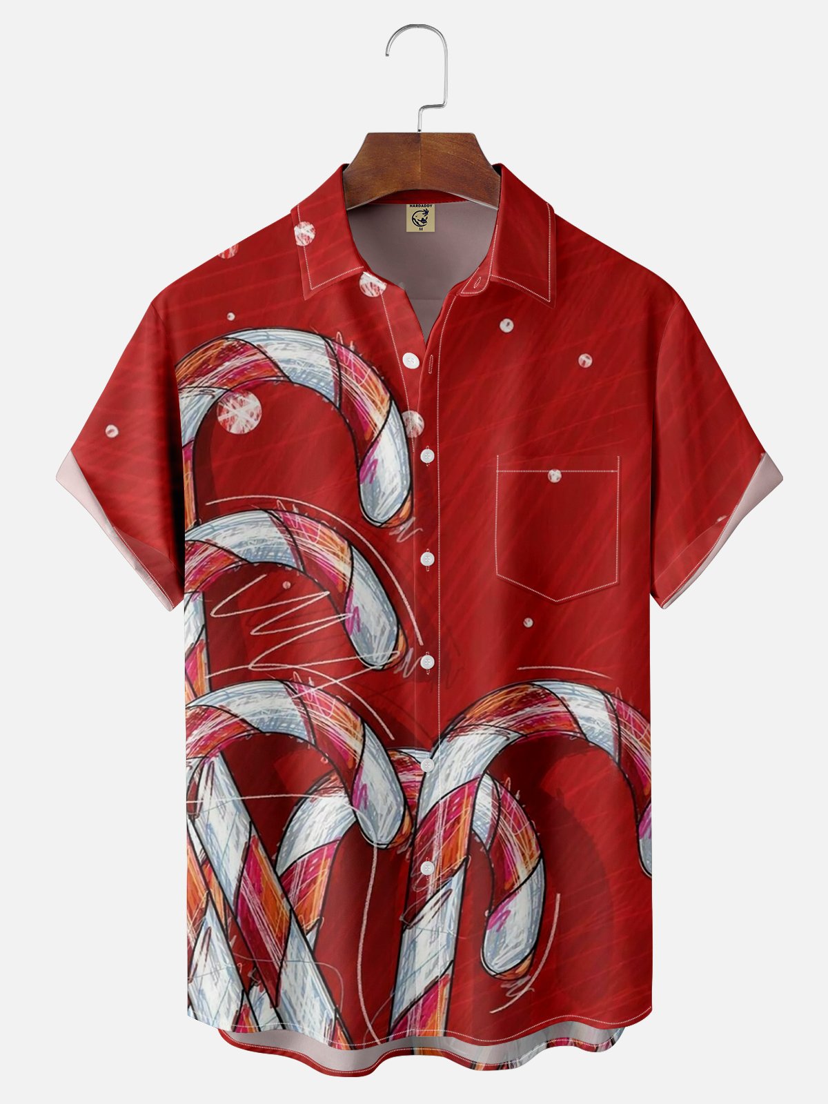 Moisture-wicking Christmas Candy Cane Chest Pocket Hawaiian Shirt